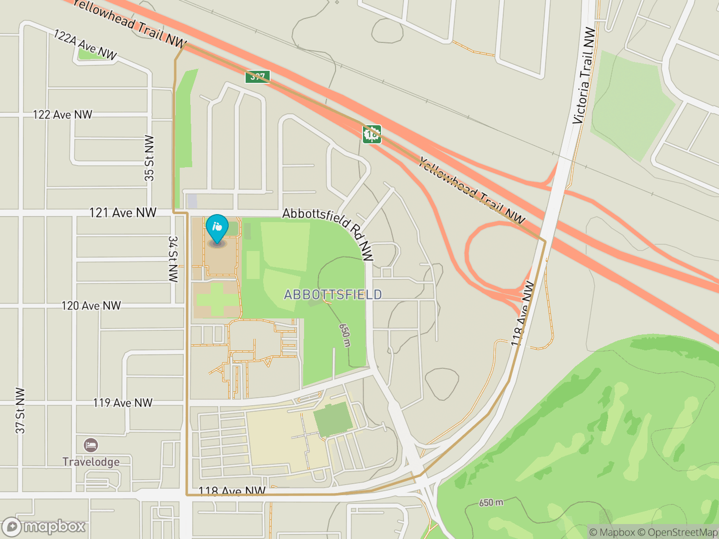 Map of Abbottsfield, Edmonton — neighbourhood boundary, 1 school, parks and surrounding streets.