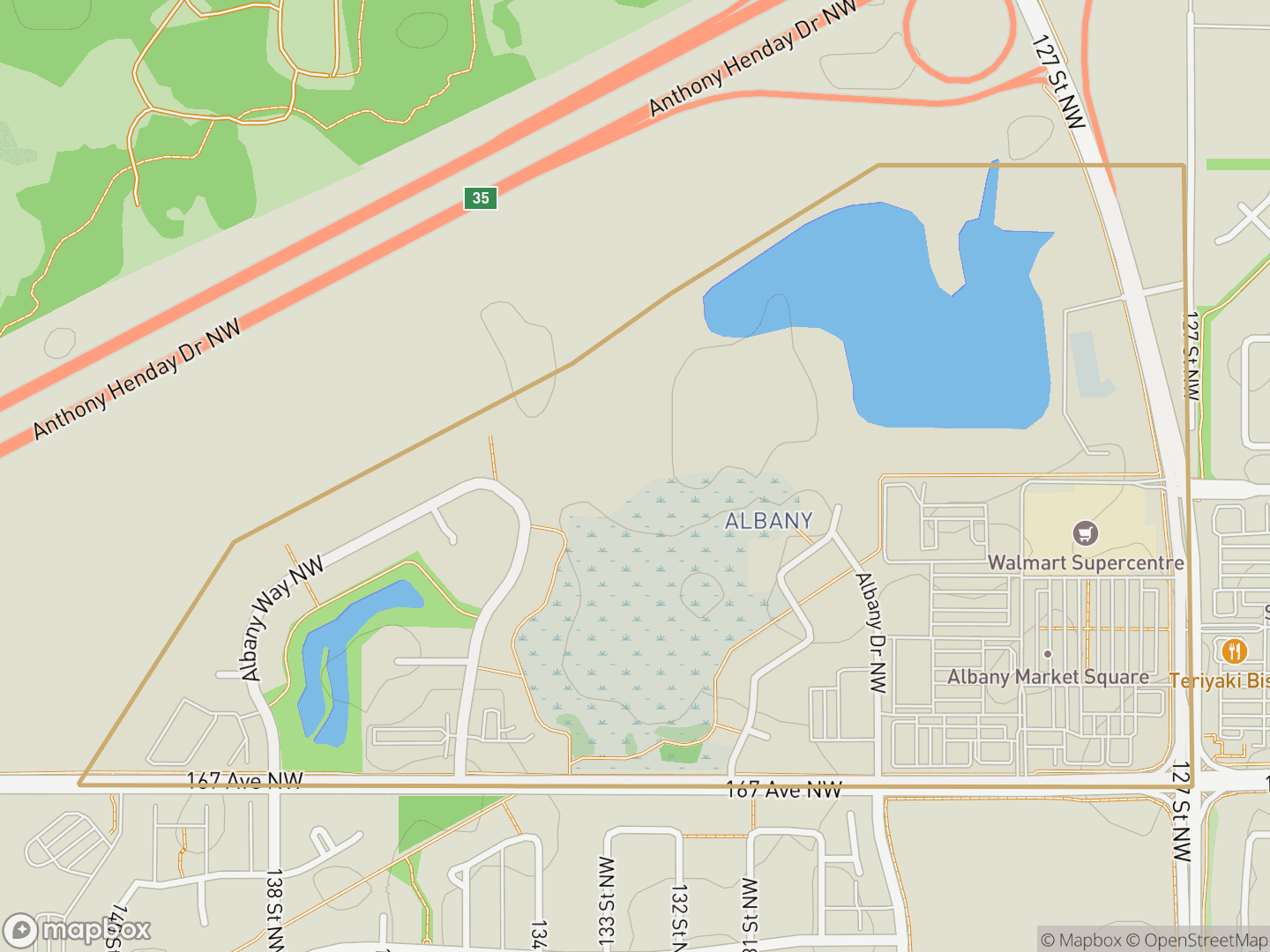 Map of Albany, Edmonton — neighbourhood boundary, parks and surrounding streets.