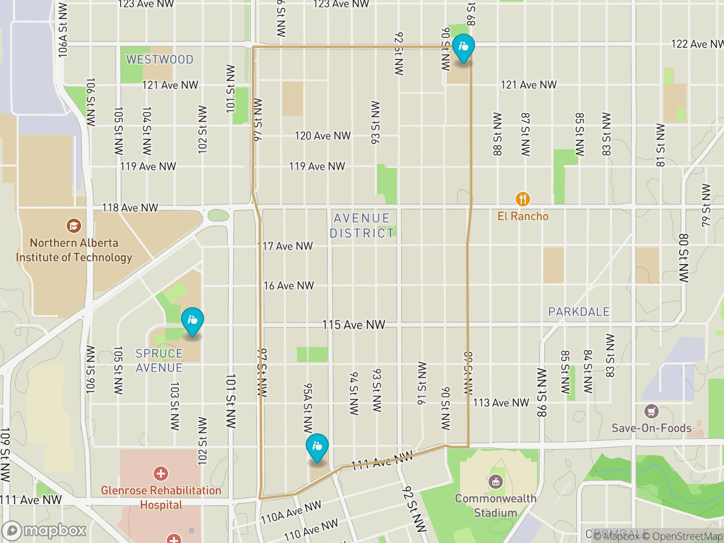 Map of Alberta Avenue, Edmonton — neighbourhood boundary, 3 schools, parks and surrounding streets.