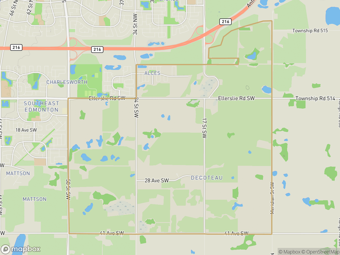 Map of Alces, Edmonton — neighbourhood boundary, parks and surrounding streets.