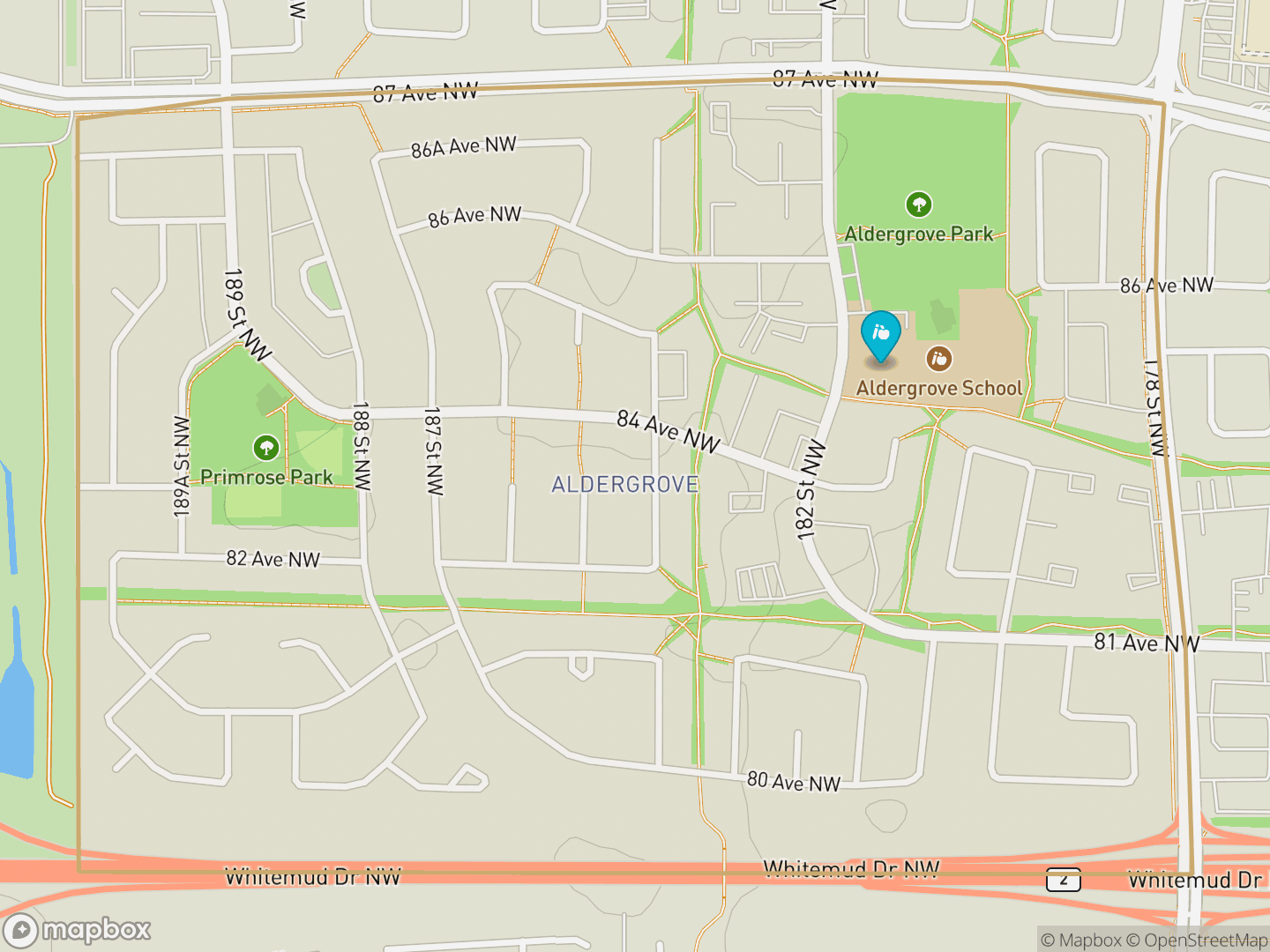 Map of Aldergrove, Edmonton — neighbourhood boundary, 1 school, parks and surrounding streets.