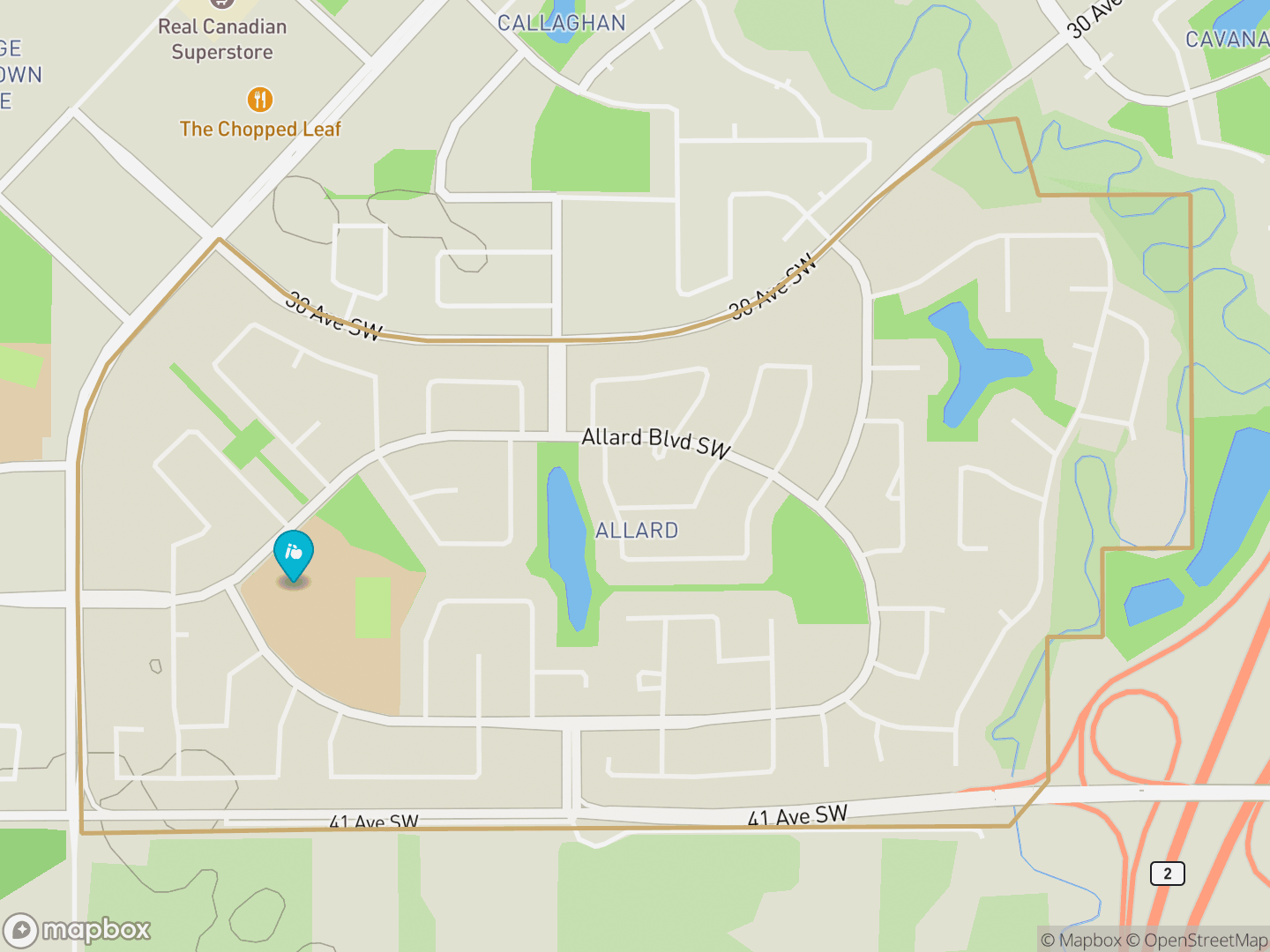 Map of Allard, Edmonton — neighbourhood boundary, 1 school, parks and surrounding streets.