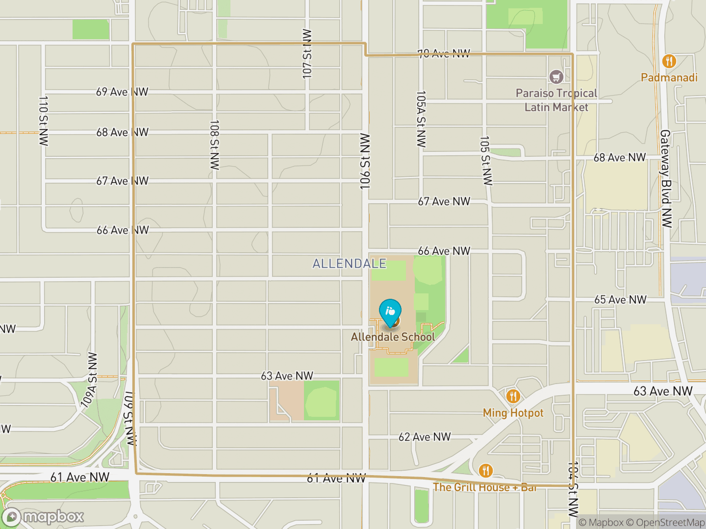 Map of Allendale, Edmonton — neighbourhood boundary, 1 school, parks and surrounding streets.