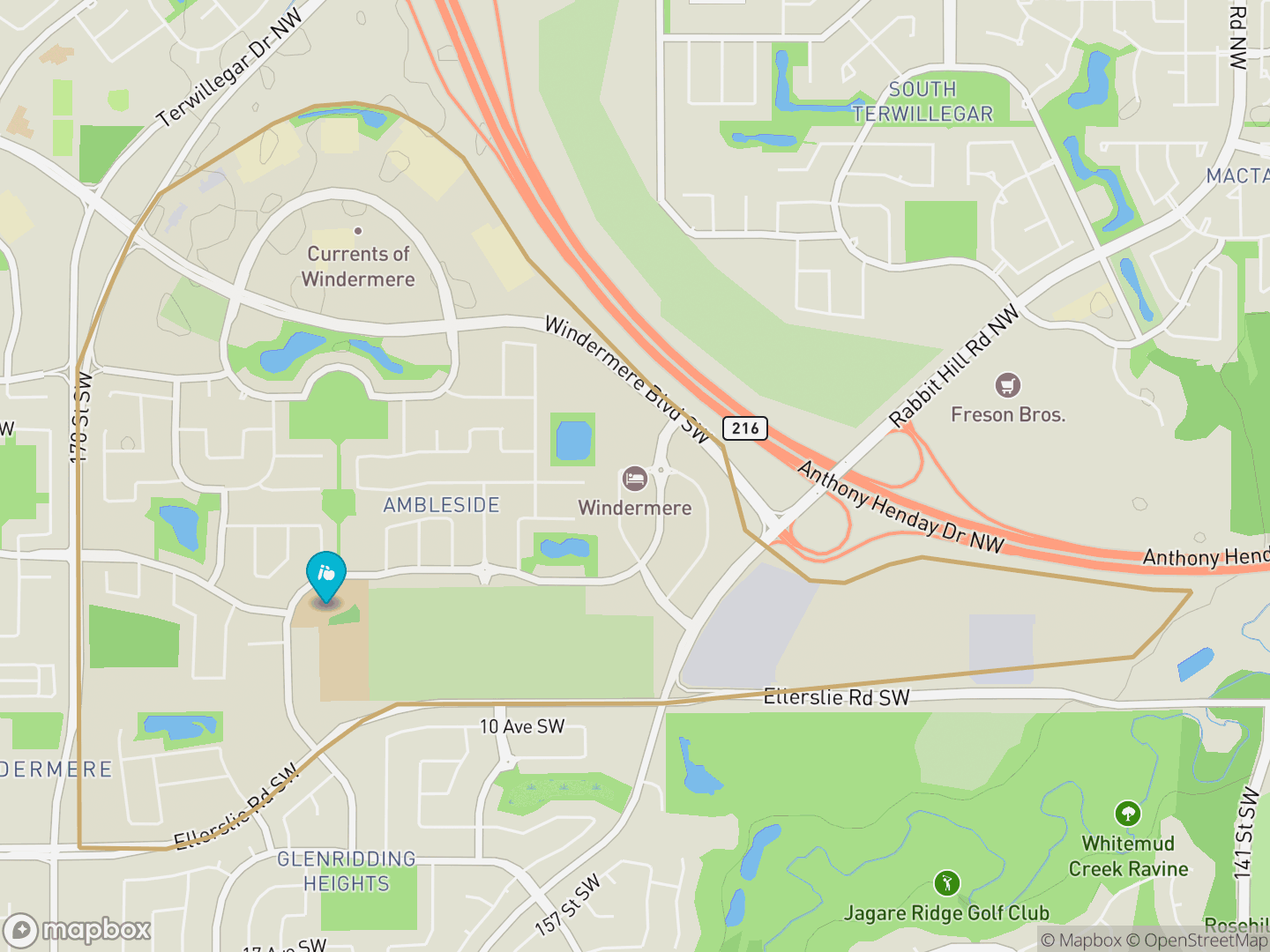 Map of Ambleside, Edmonton — neighbourhood boundary, 1 school, parks and surrounding streets.