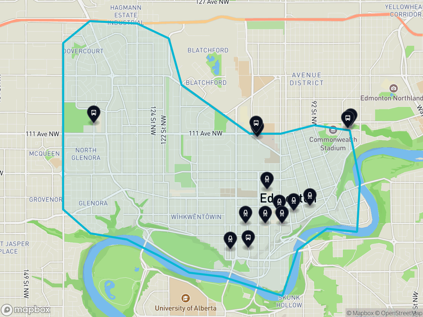 Map of Central, Edmonton — the district boundary, LRT stations and transit centres, parks and surrounding streets.