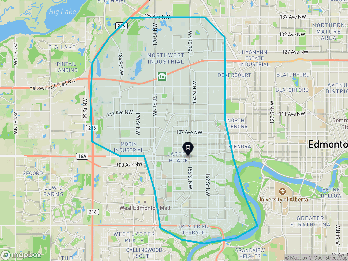 Map of Jasper Place, Edmonton — the district boundary, LRT stations and transit centres, parks and surrounding streets.