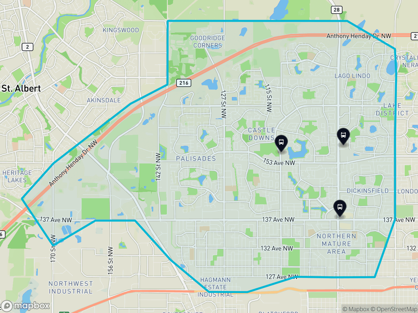 Map of Northwest, Edmonton — the district boundary, LRT stations and transit centres, parks and surrounding streets.