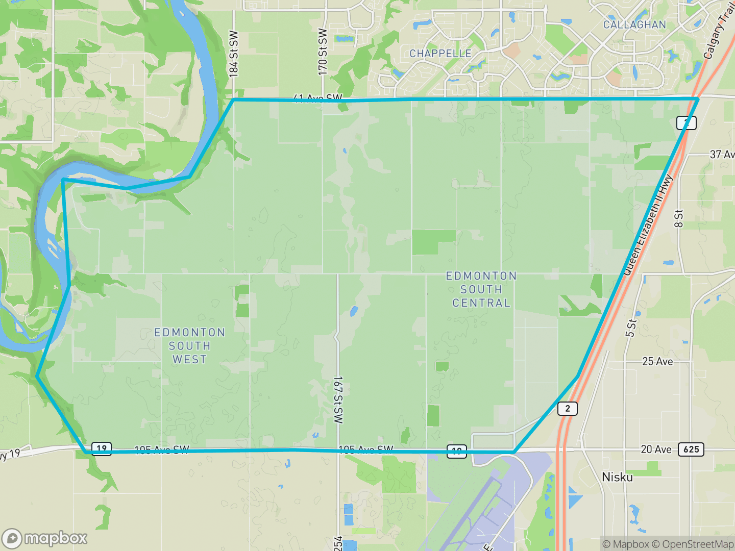 Map of Rabbit Hill, Edmonton — the district boundary, LRT stations and transit centres, parks and surrounding streets.