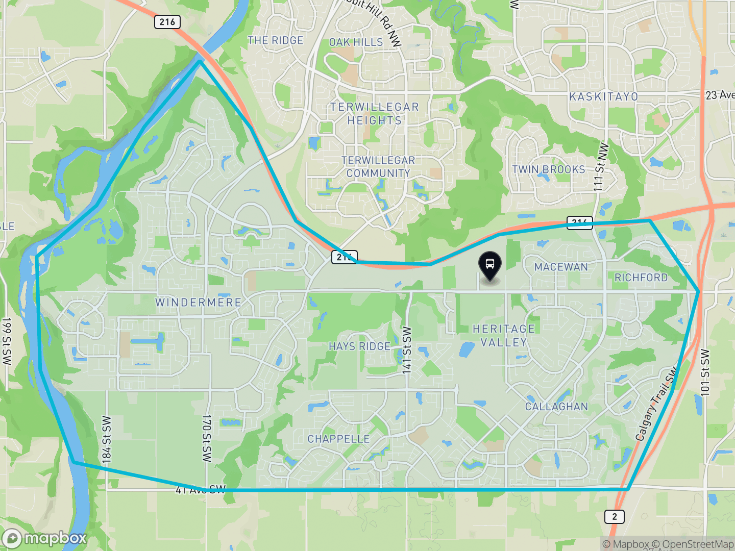 Map of Southwest, Edmonton — the district boundary, LRT stations and transit centres, parks and surrounding streets.