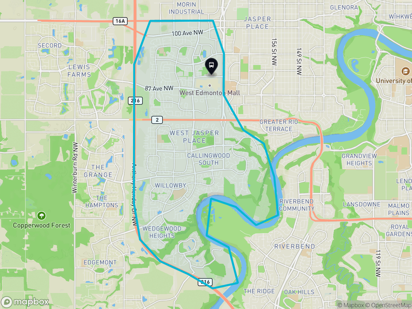 Map of West Edmonton, Edmonton — the district boundary, LRT stations and transit centres, parks and surrounding streets.