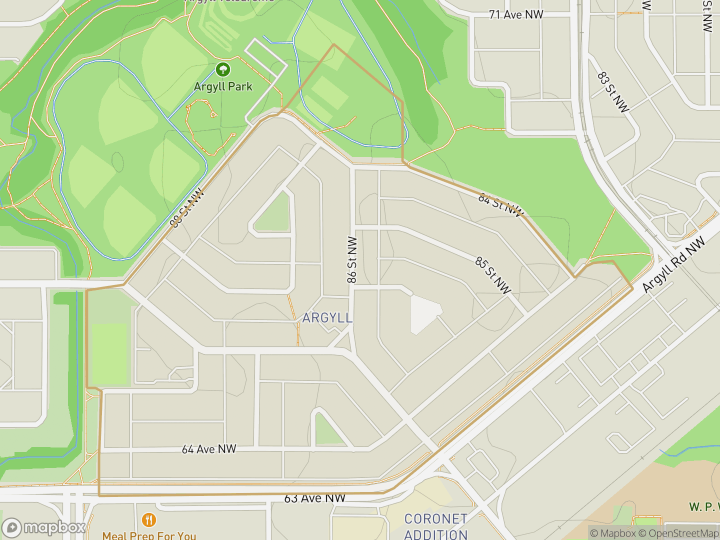 Map of Argyll, Edmonton — neighbourhood boundary, parks and surrounding streets.