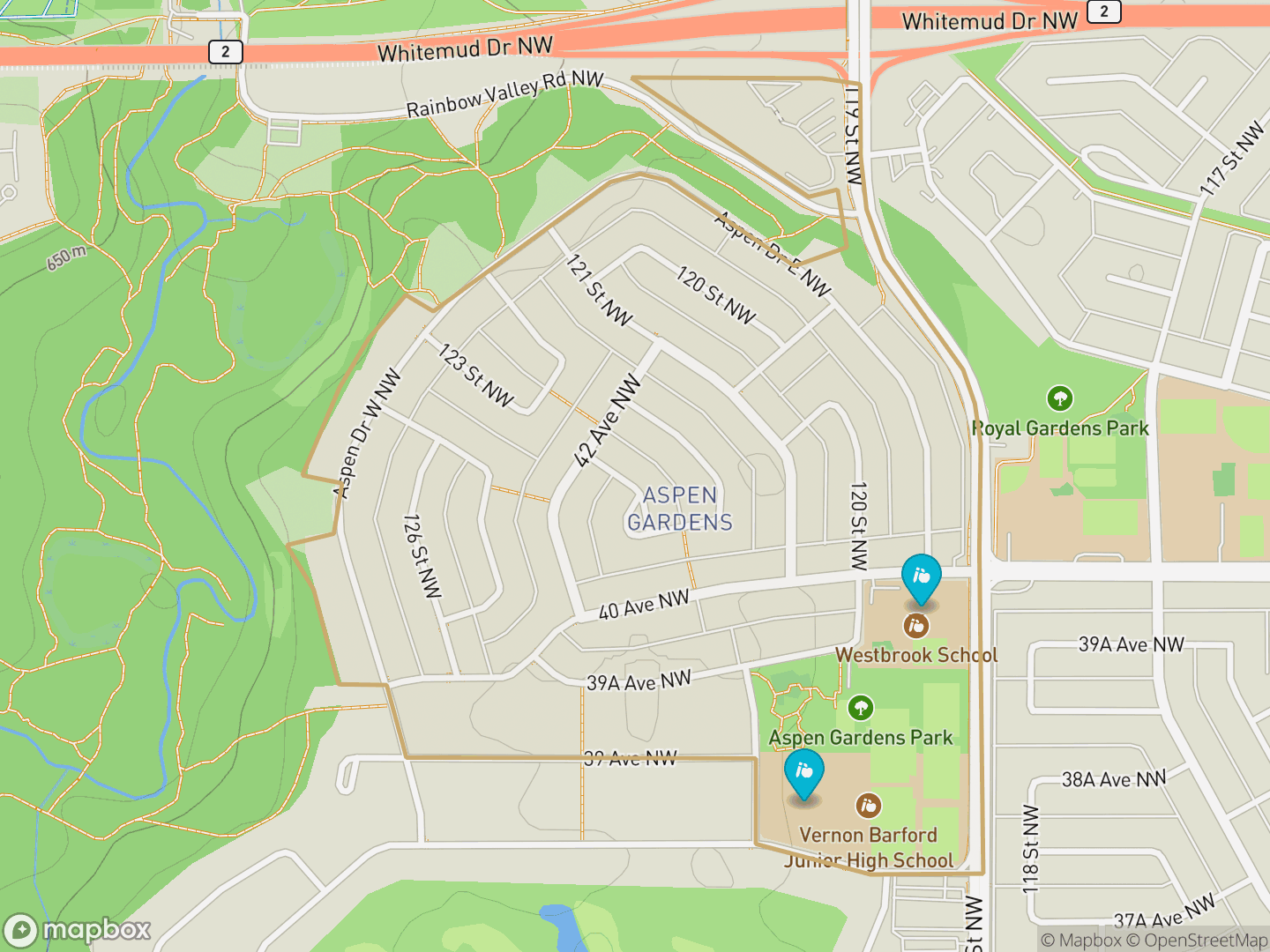 Map of Aspen Gardens, Edmonton — neighbourhood boundary, 2 schools, parks and surrounding streets.