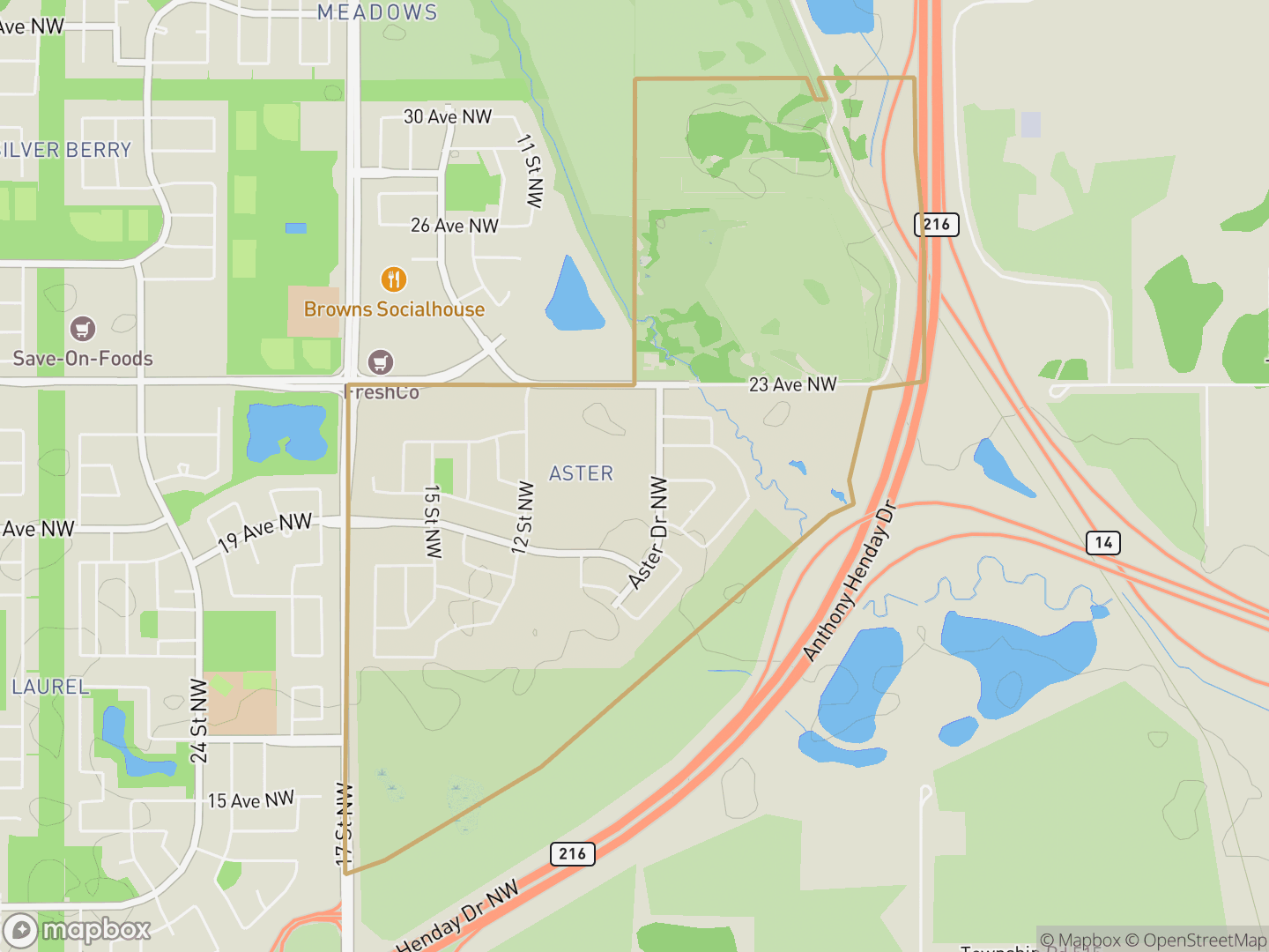 Map of Aster, Edmonton — neighbourhood boundary, parks and surrounding streets.