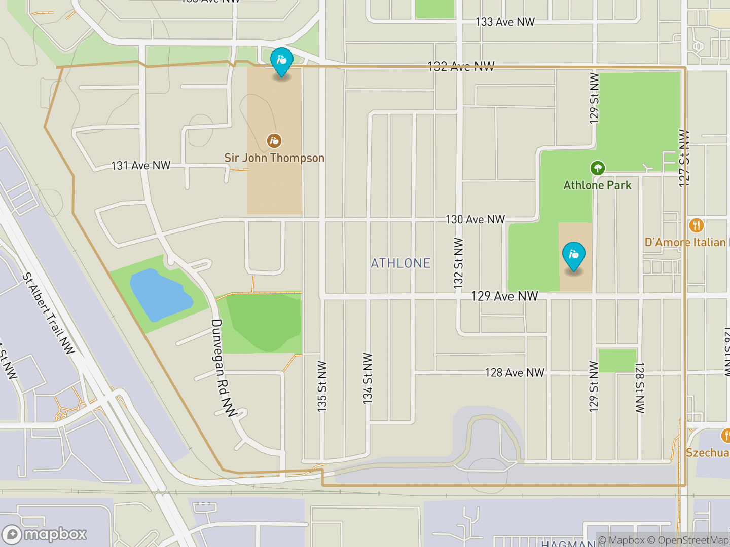 Map of Athlone, Edmonton — neighbourhood boundary, 2 schools, parks and surrounding streets.