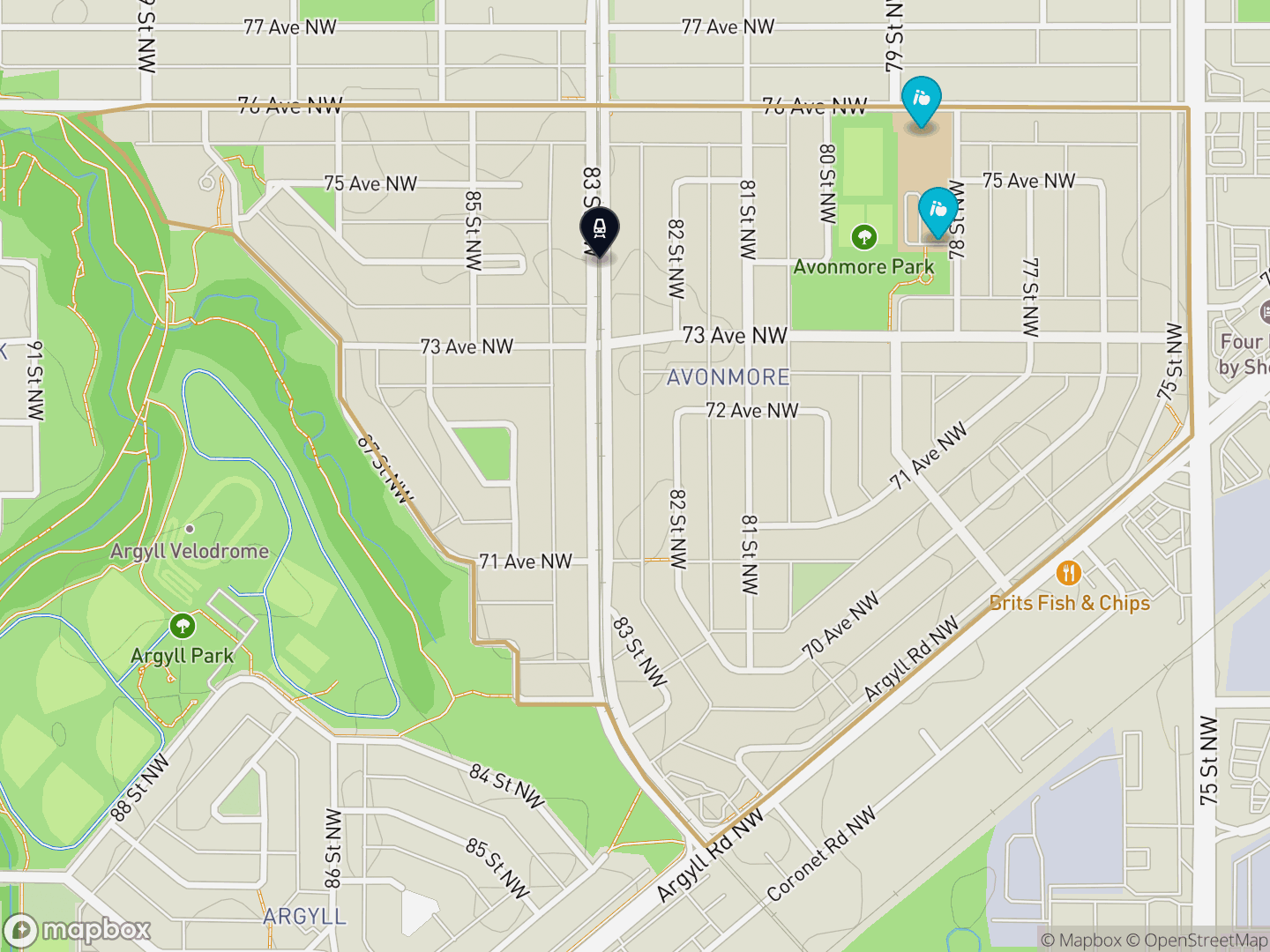 Map of Avonmore, Edmonton — neighbourhood boundary with 1 LRT station, 2 schools, parks and surrounding streets.