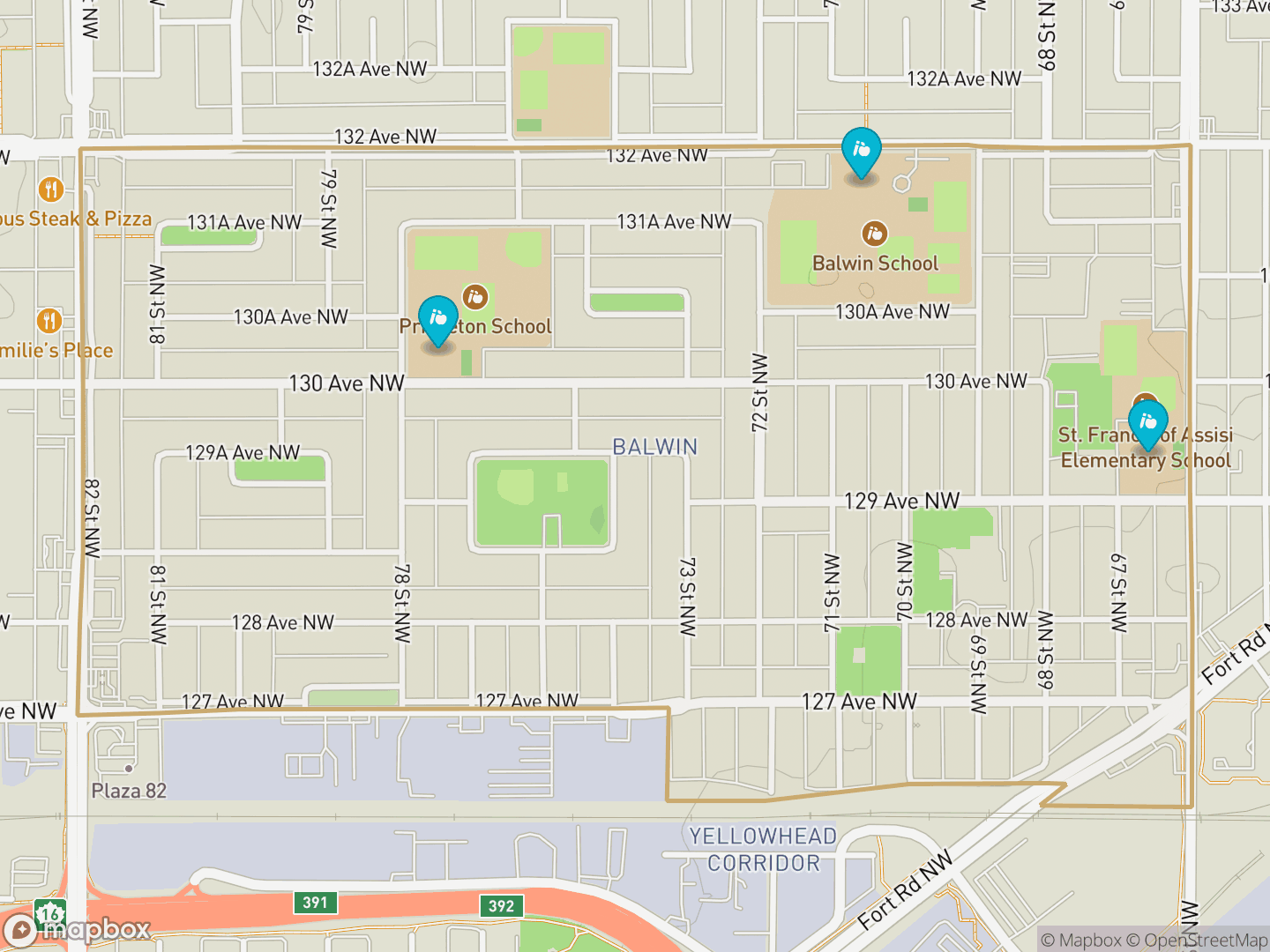 Map of Balwin, Edmonton — neighbourhood boundary, 3 schools, parks and surrounding streets.