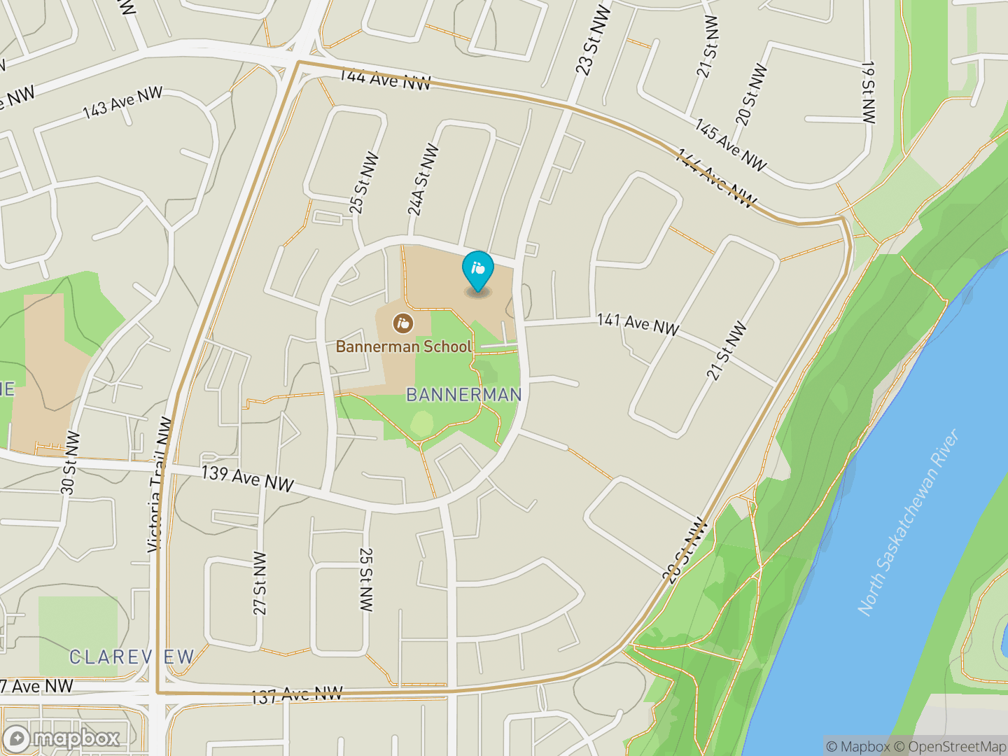Map of Bannerman, Edmonton — neighbourhood boundary, 1 school, parks and surrounding streets.