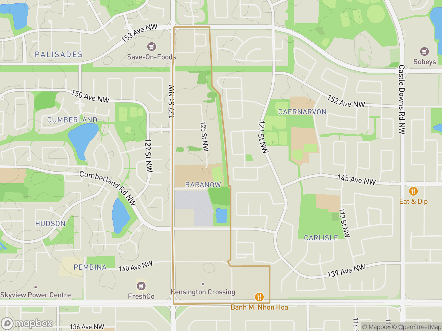 Map of Baranow, Edmonton — neighbourhood boundary, parks and surrounding streets.