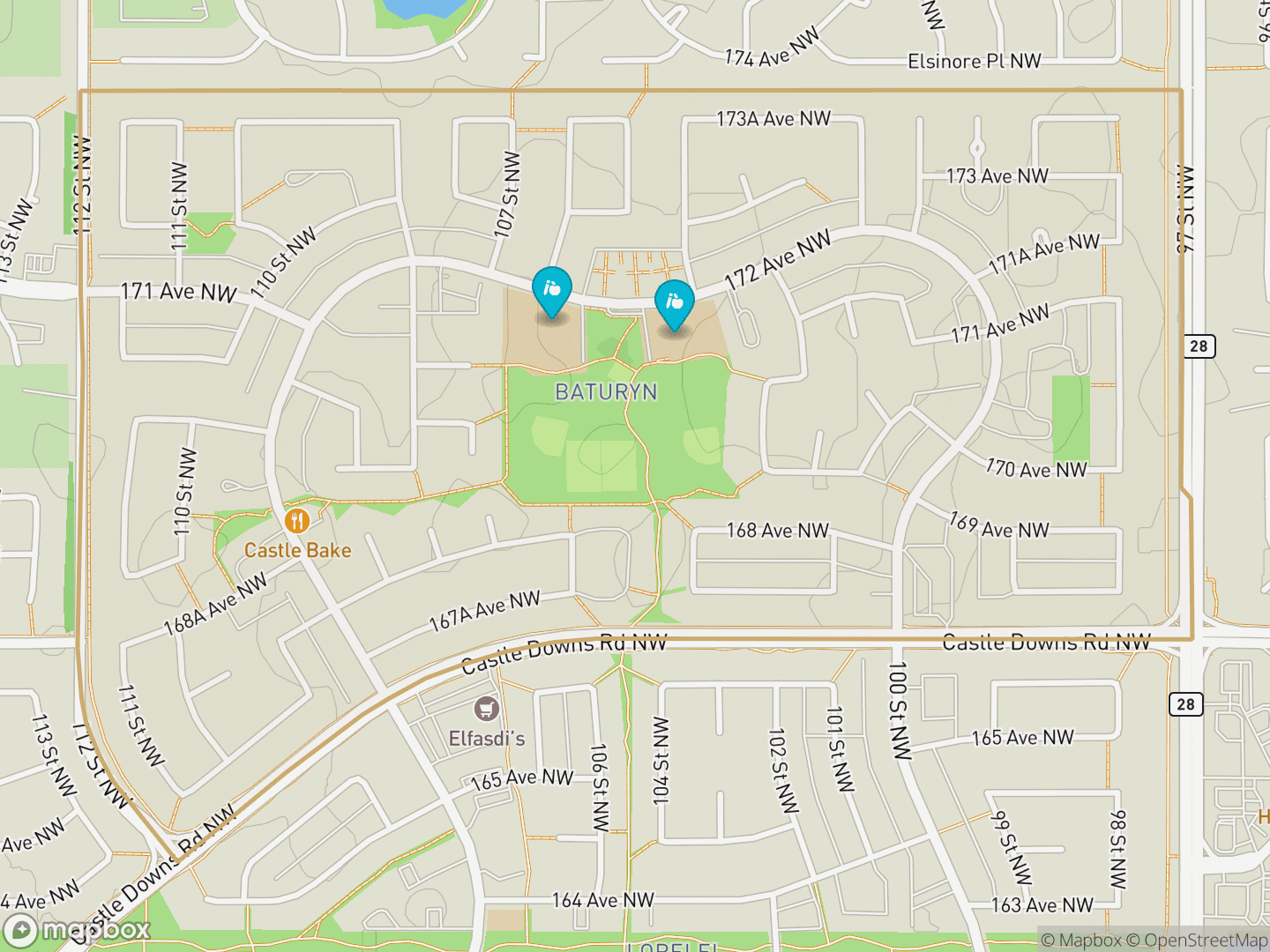 Map of Baturyn, Edmonton — neighbourhood boundary, 2 schools, parks and surrounding streets.