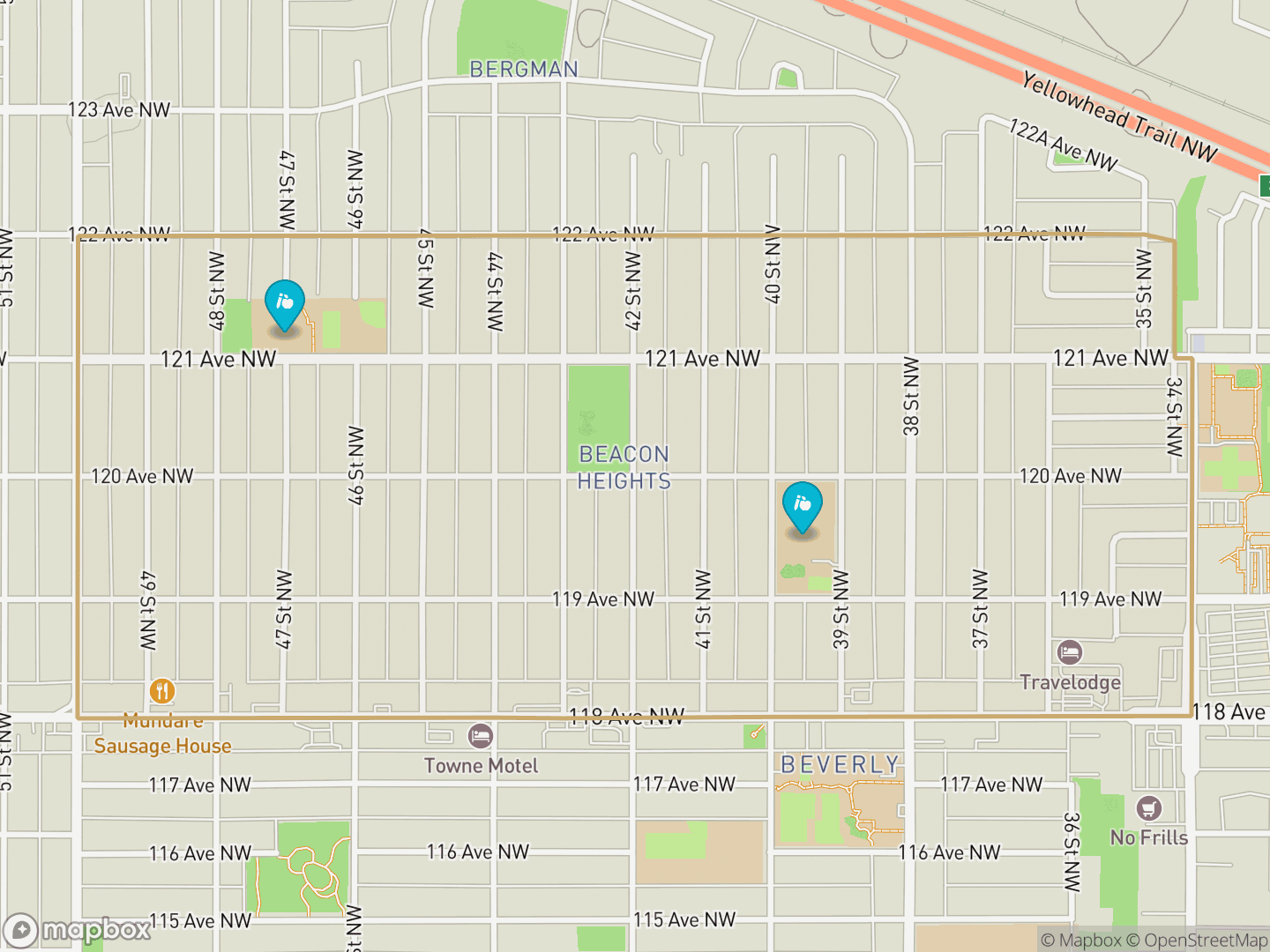 Map of Beacon Heights, Edmonton — neighbourhood boundary, 2 schools, parks and surrounding streets.