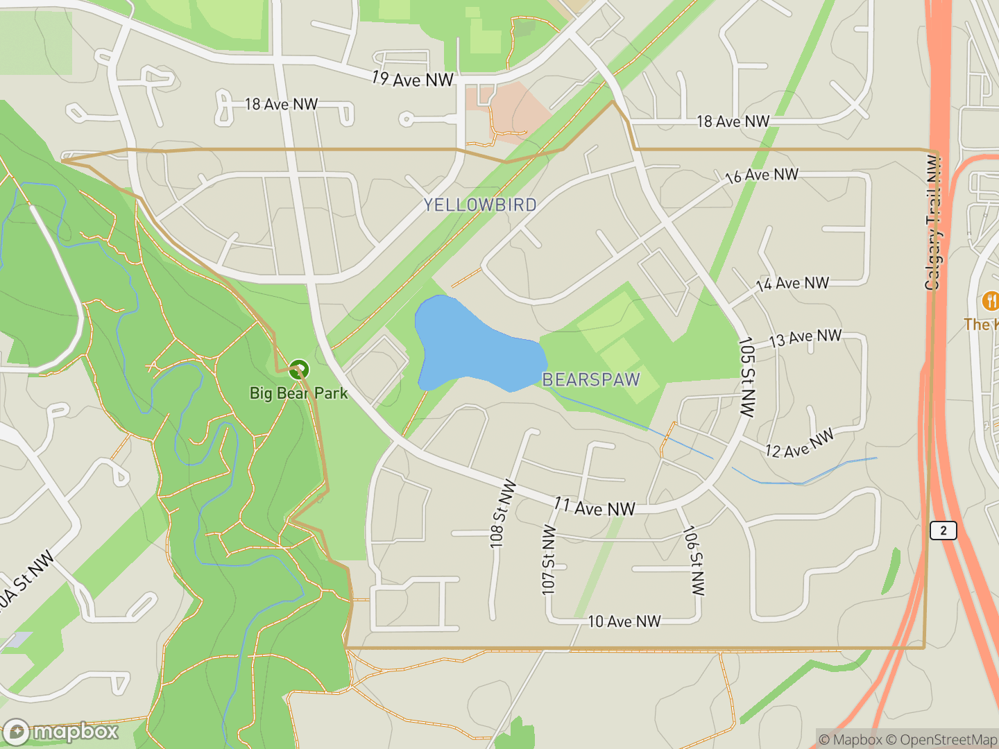 Map of Bearspaw, Edmonton — neighbourhood boundary, parks and surrounding streets.