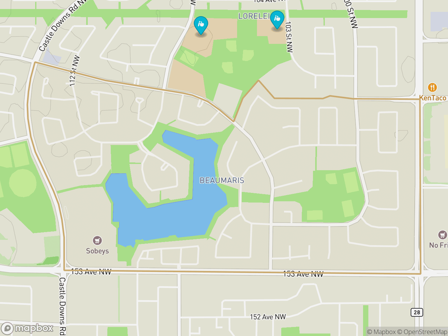 Map of Beaumaris, Edmonton — neighbourhood boundary, 2 schools, parks and surrounding streets.