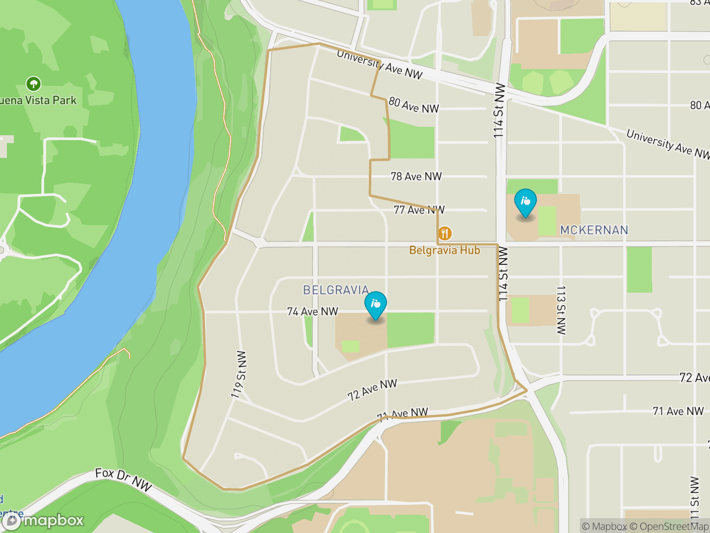 Map of Belgravia, Edmonton — neighbourhood boundary, 2 schools, parks and surrounding streets.