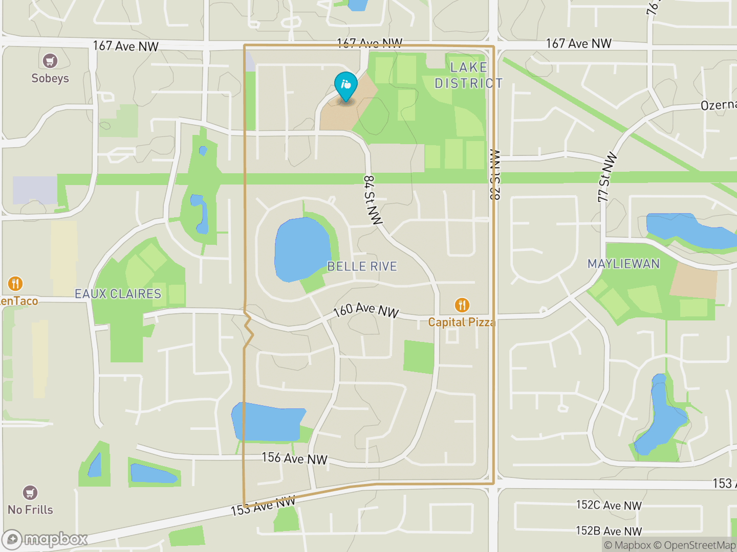 Map of Belle Rive, Edmonton — neighbourhood boundary, 1 school, parks and surrounding streets.
