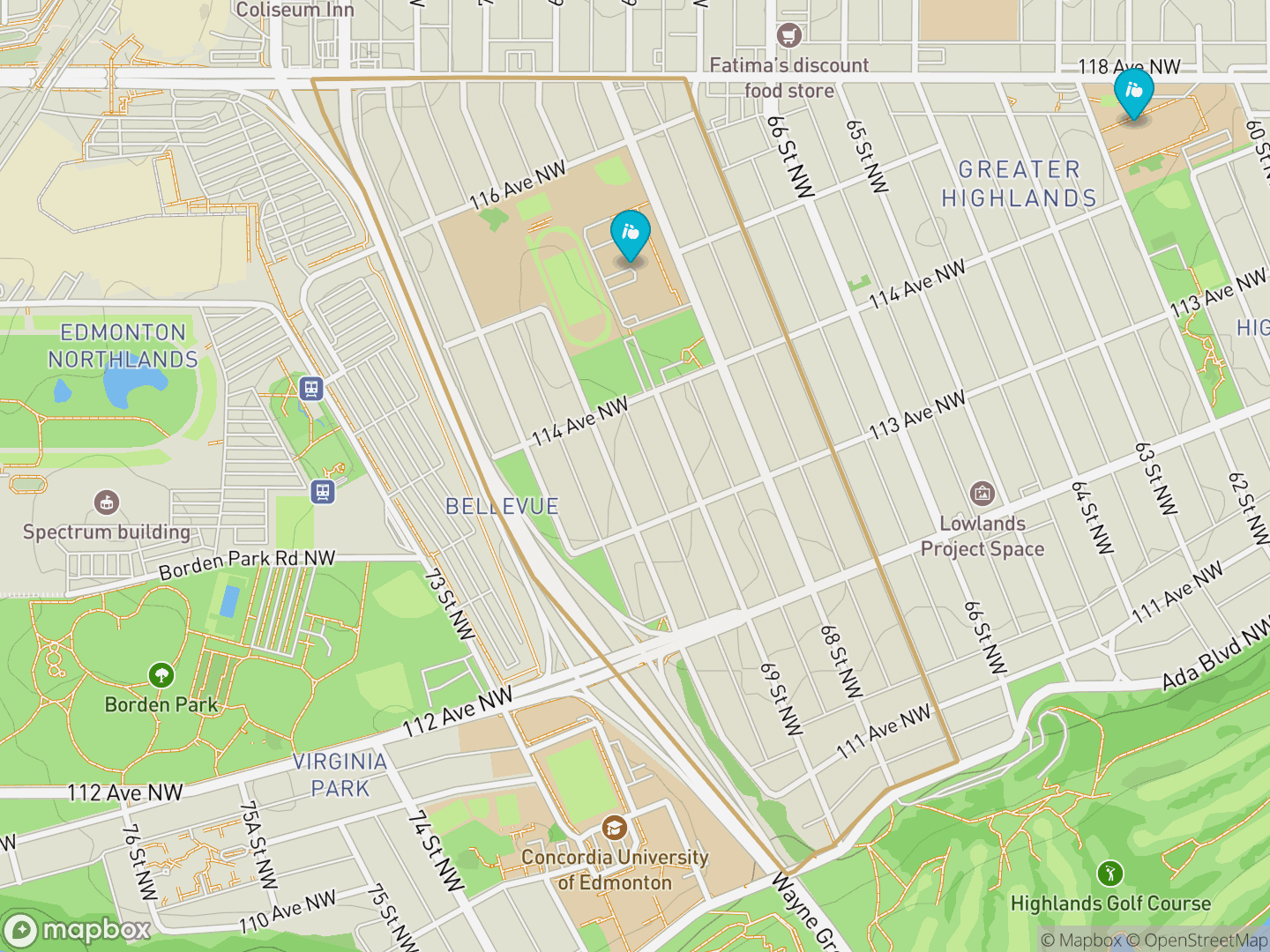 Map of Bellevue, Edmonton — neighbourhood boundary, 2 schools, parks and surrounding streets.