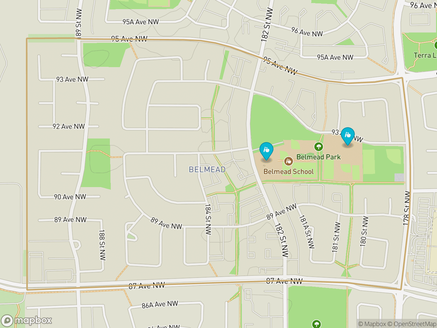 Map of Belmead, Edmonton — neighbourhood boundary, 2 schools, parks and surrounding streets.