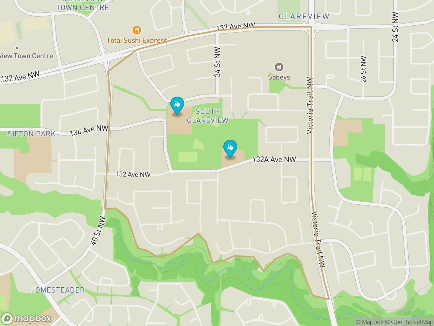 Map of Belmont, Edmonton — neighbourhood boundary, 2 schools, parks and surrounding streets.