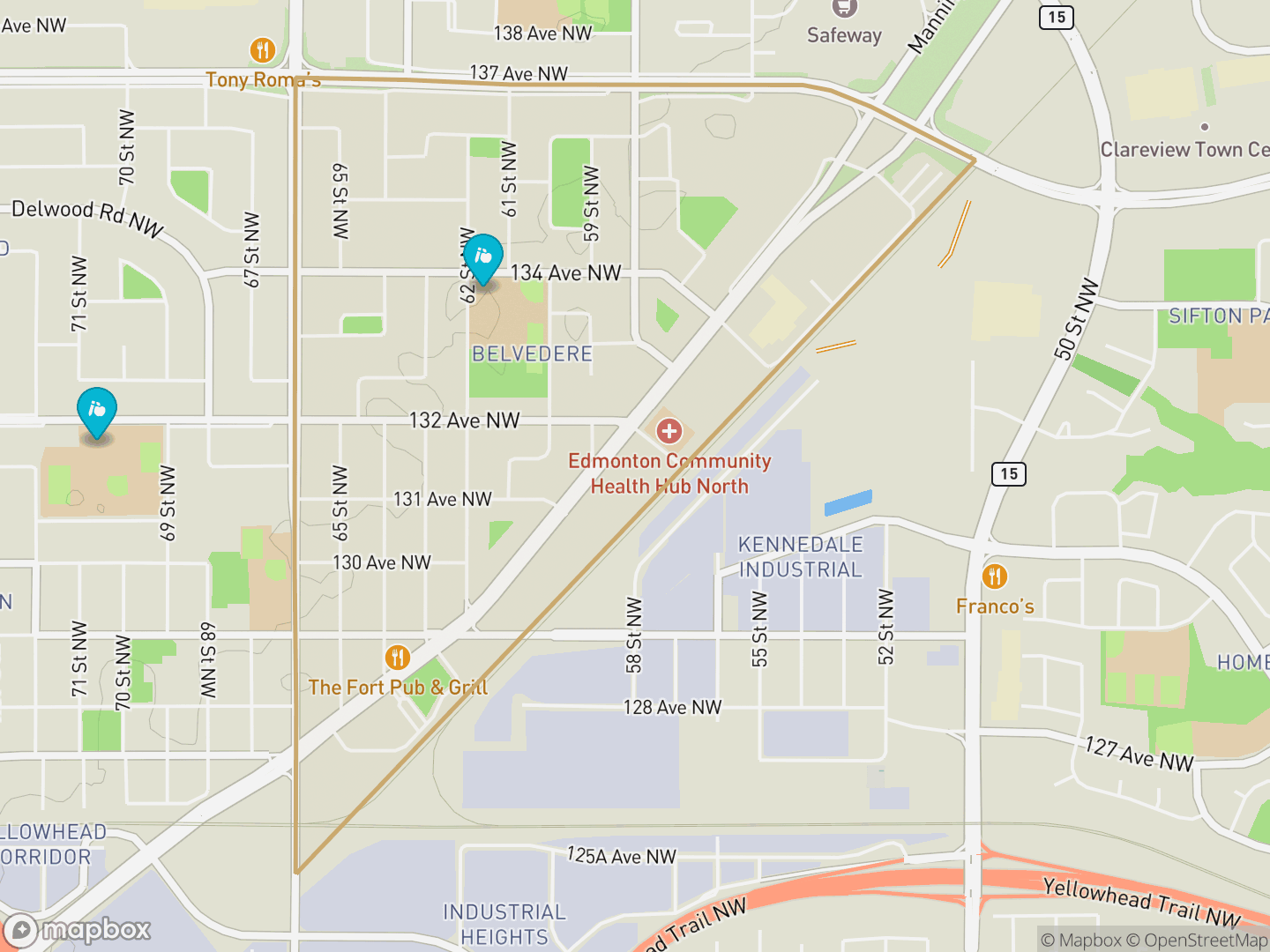 Map of Belvedere, Edmonton — neighbourhood boundary, 2 schools, parks and surrounding streets.
