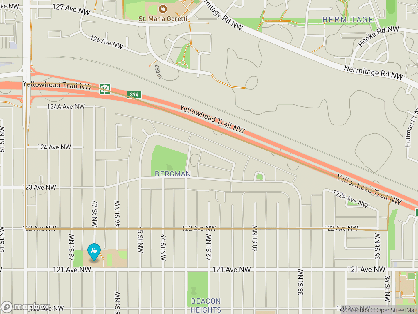 Map of Bergman, Edmonton — neighbourhood boundary, 1 school, parks and surrounding streets.
