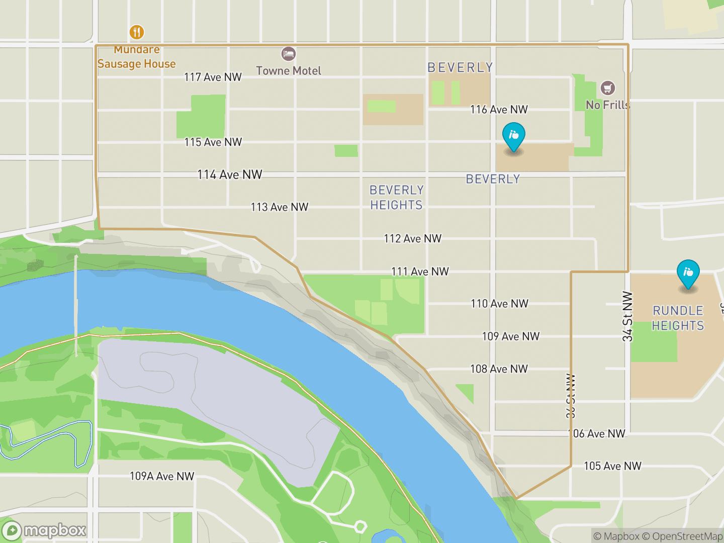 Map of Beverly Heights, Edmonton — neighbourhood boundary, 2 schools, parks and surrounding streets.