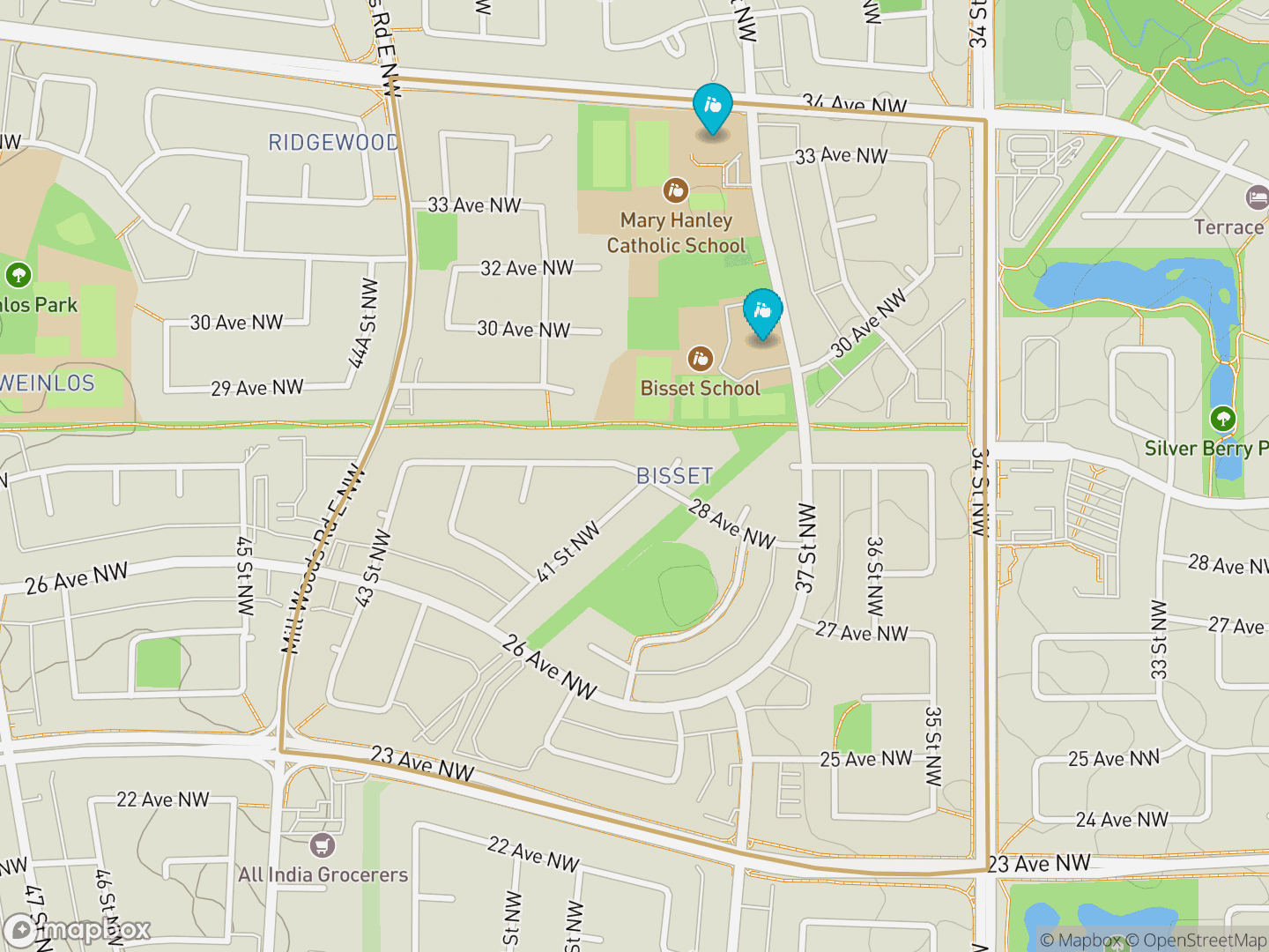 Map of Bisset, Edmonton — neighbourhood boundary, 2 schools, parks and surrounding streets.