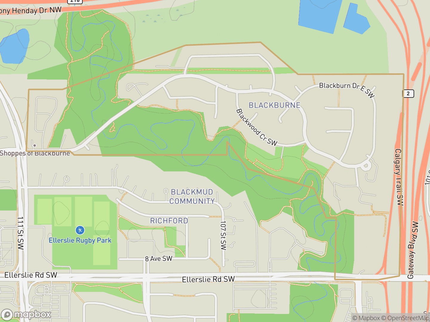 Map of Blackburne, Edmonton — neighbourhood boundary, parks and surrounding streets.