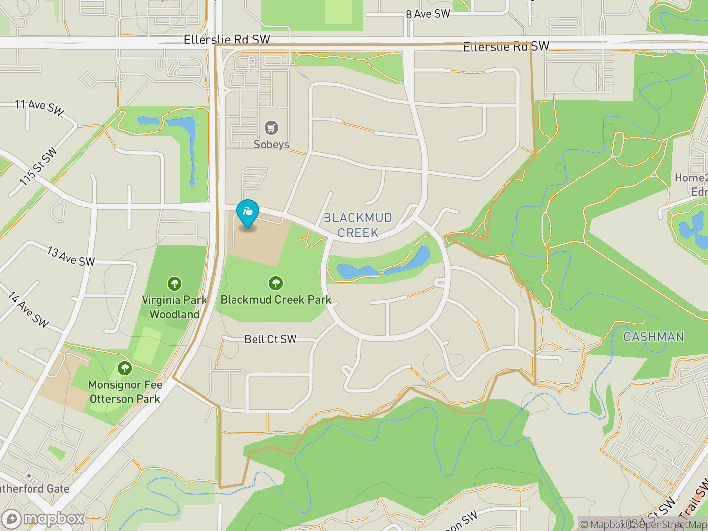 Map of Blackmud Creek, Edmonton — neighbourhood boundary, 1 school, parks and surrounding streets.