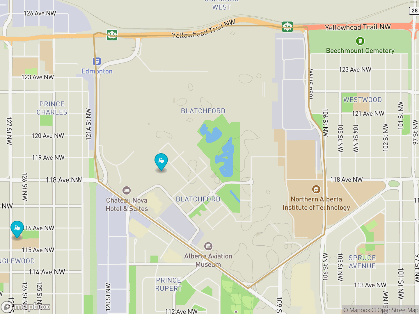 Map of Blatchford Area, Edmonton — neighbourhood boundary, 2 schools, parks and surrounding streets.