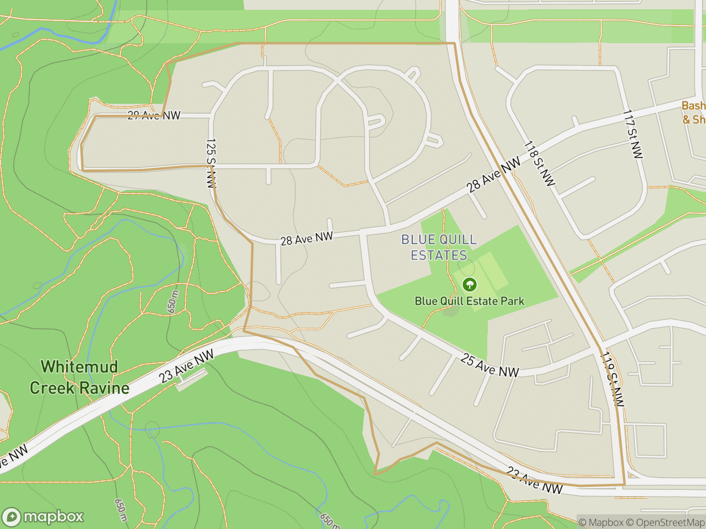 Map of Blue Quill Estates, Edmonton — neighbourhood boundary, parks and surrounding streets.