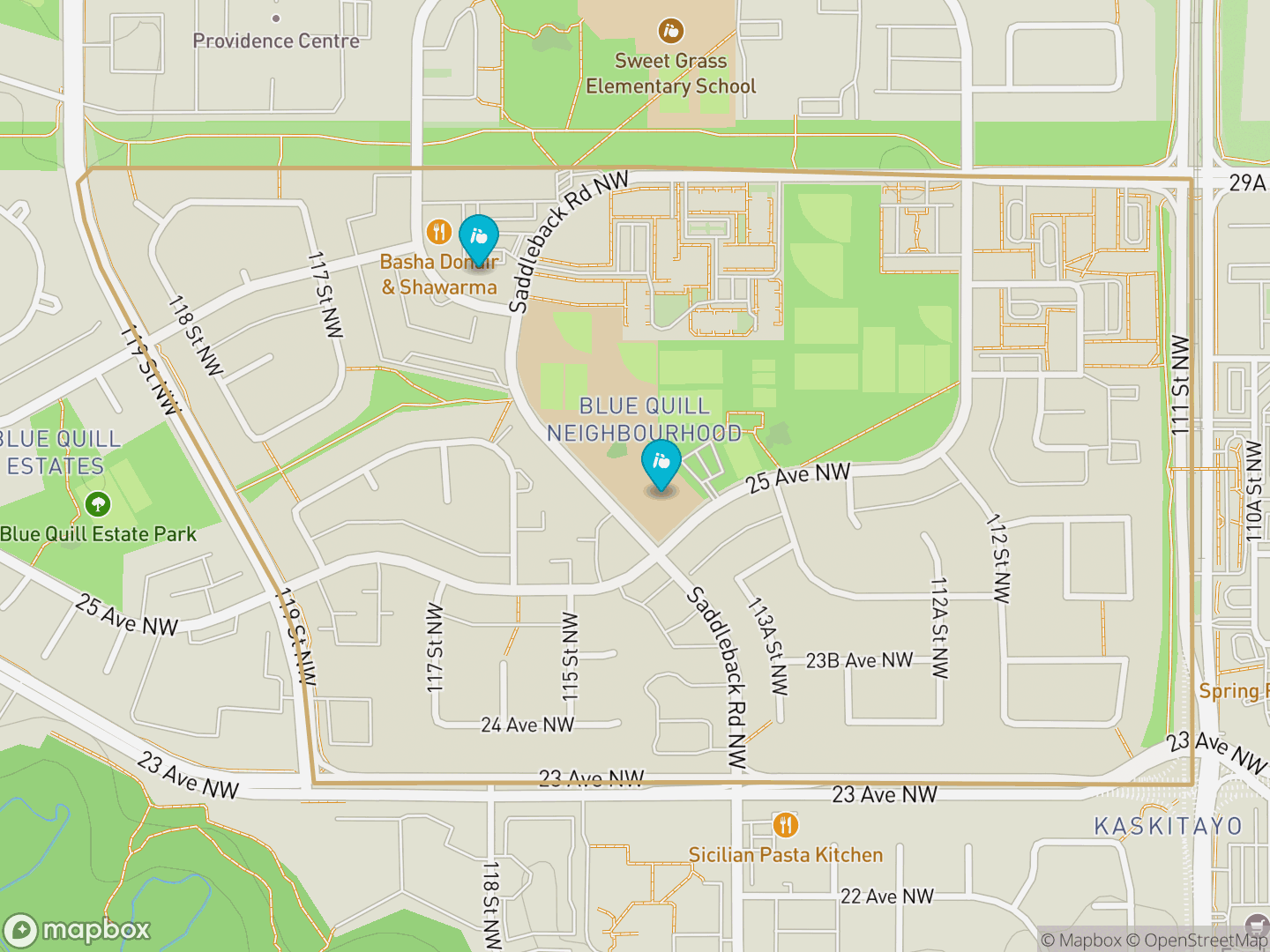 Map of Blue Quill, Edmonton — neighbourhood boundary, 2 schools, parks and surrounding streets.