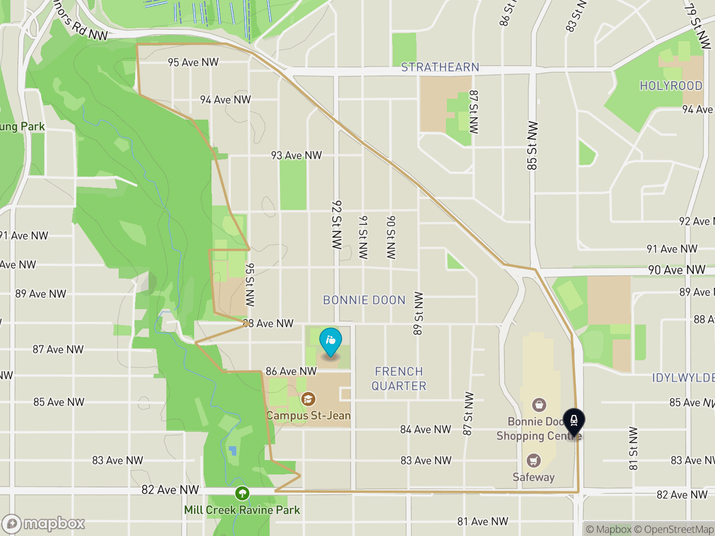 Map of Bonnie Doon, Edmonton — neighbourhood boundary with 1 LRT station, 1 school, parks and surrounding streets.