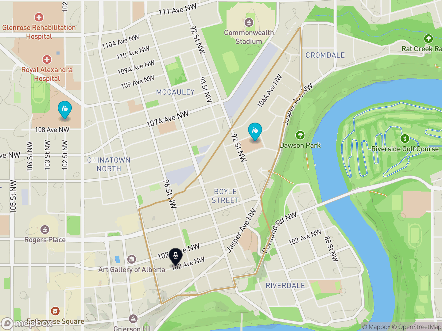 Map of Boyle Street, Edmonton — neighbourhood boundary with 1 LRT station, 2 schools, parks and surrounding streets.