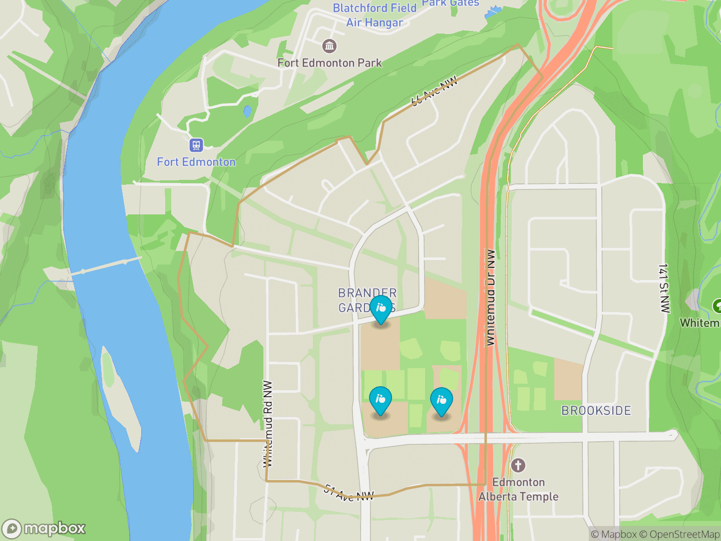 Map of Brander Gardens, Edmonton — neighbourhood boundary, 3 schools, parks and surrounding streets.