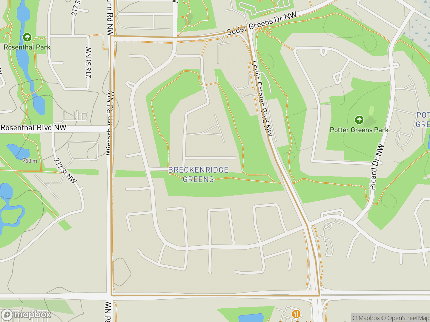 Map of Breckenridge Greens, Edmonton — neighbourhood boundary, parks and surrounding streets.