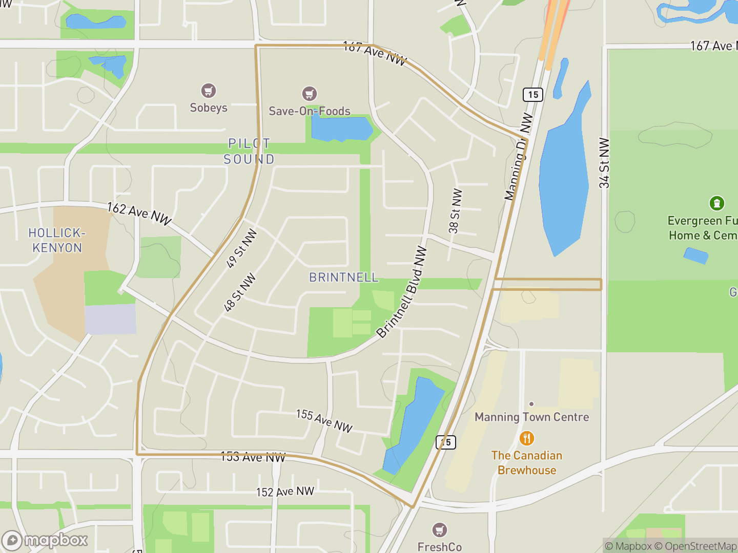 Map of Brintnell, Edmonton — neighbourhood boundary, parks and surrounding streets.