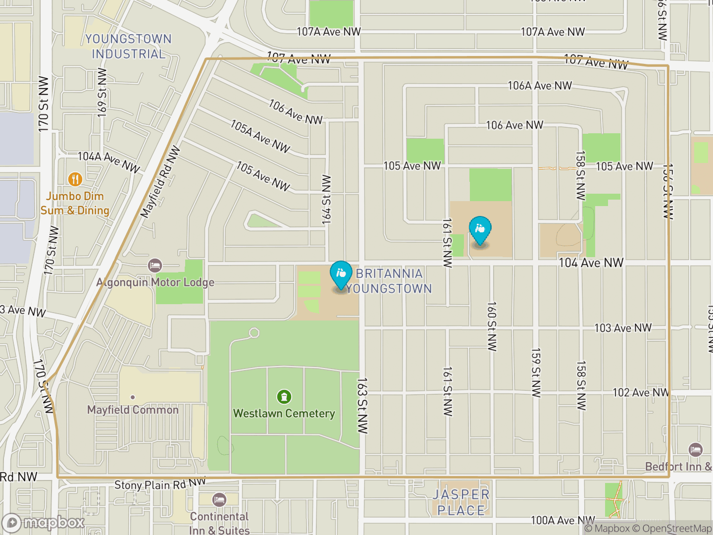 Map of Britannia Youngstown, Edmonton — neighbourhood boundary, 2 schools, parks and surrounding streets.