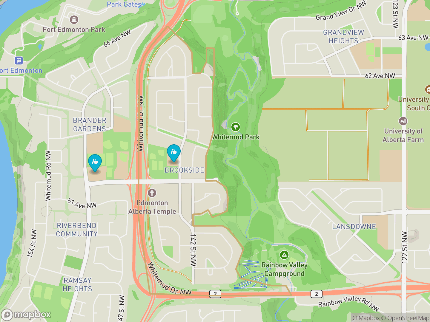 Map of Brookside, Edmonton — neighbourhood boundary, 2 schools, parks and surrounding streets.