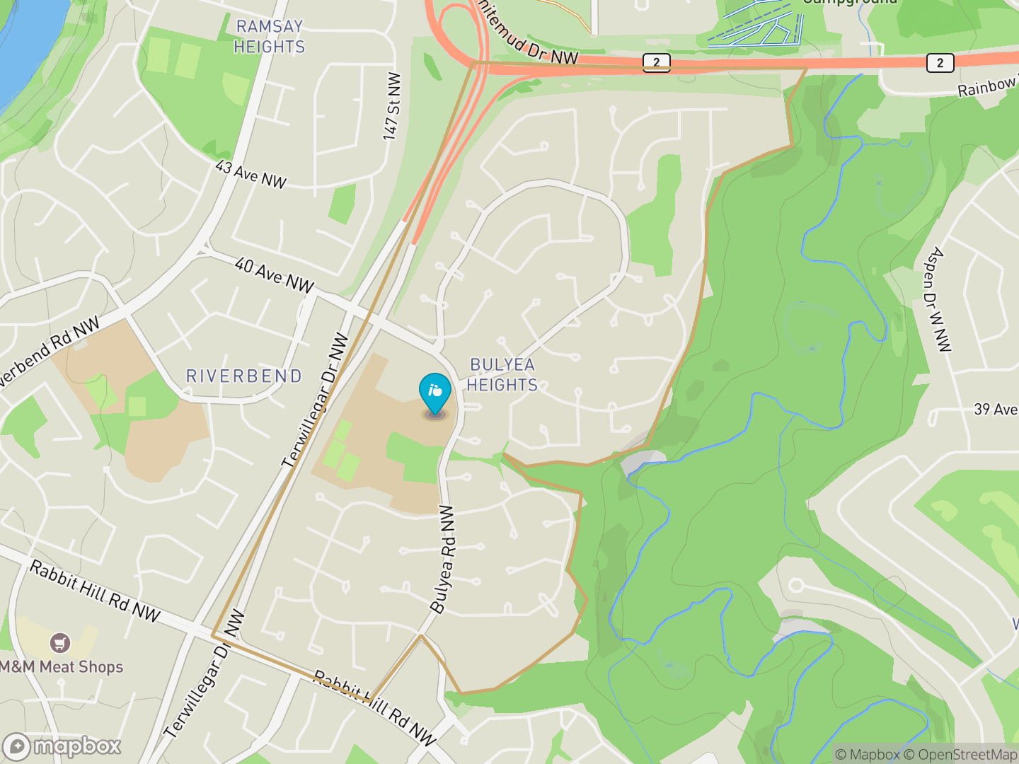 Map of Bulyea Heights, Edmonton — neighbourhood boundary, 1 school, parks and surrounding streets.