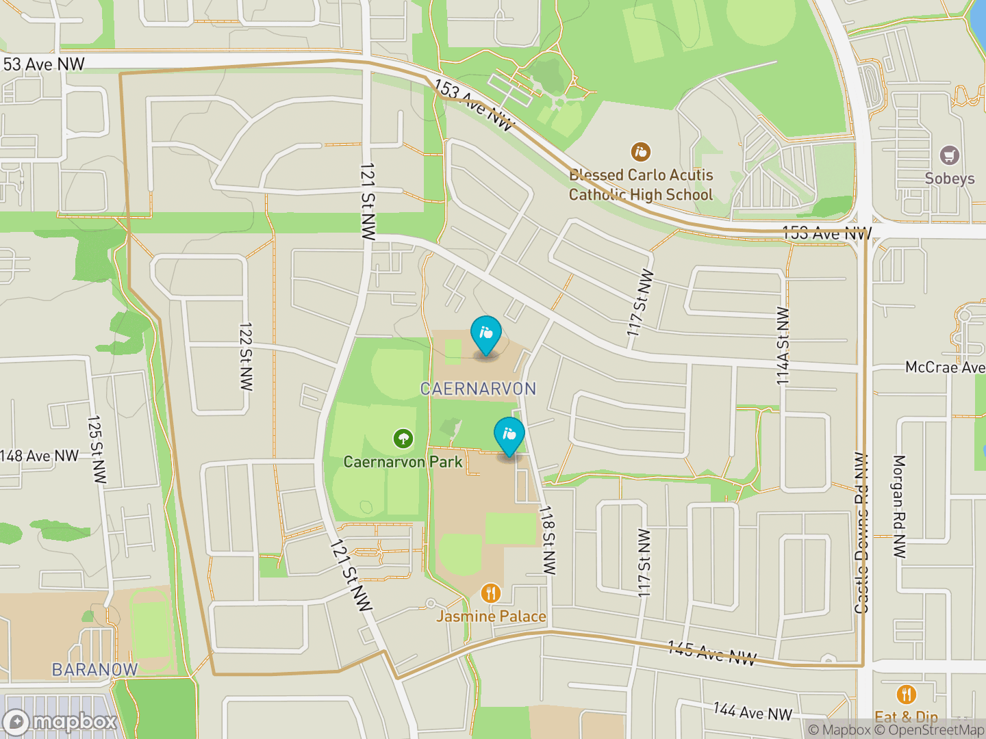 Map of Caernarvon, Edmonton — neighbourhood boundary, 2 schools, parks and surrounding streets.