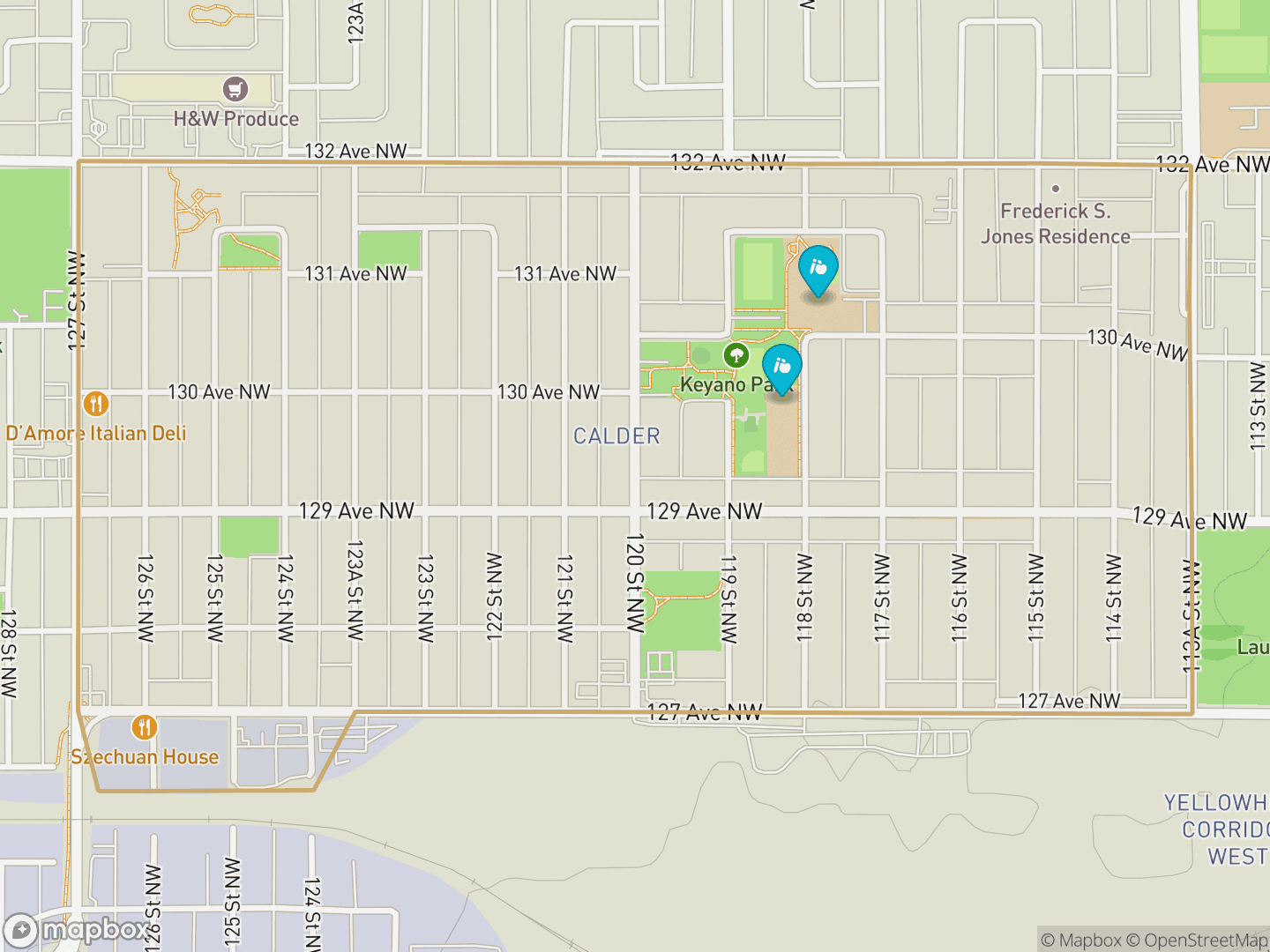 Map of Calder, Edmonton — neighbourhood boundary, 2 schools, parks and surrounding streets.